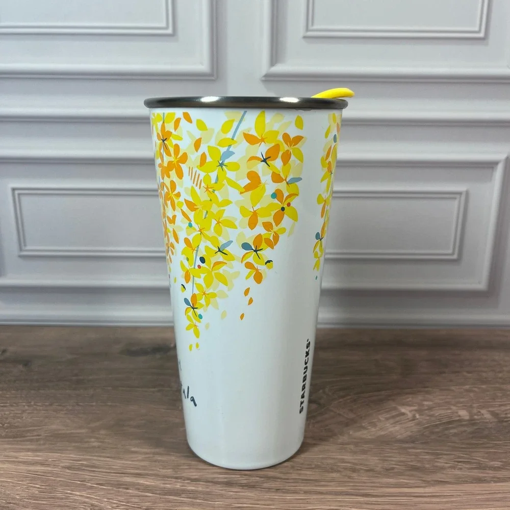 Starbucks Tumbler Thailand Cassia Fistula 16oz White Yellow Floral Stainless Mug - Picture 2 of 11